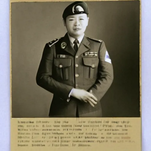 Prompt: portrait photo of yoshi, famous war criminal, wearing uniform, military