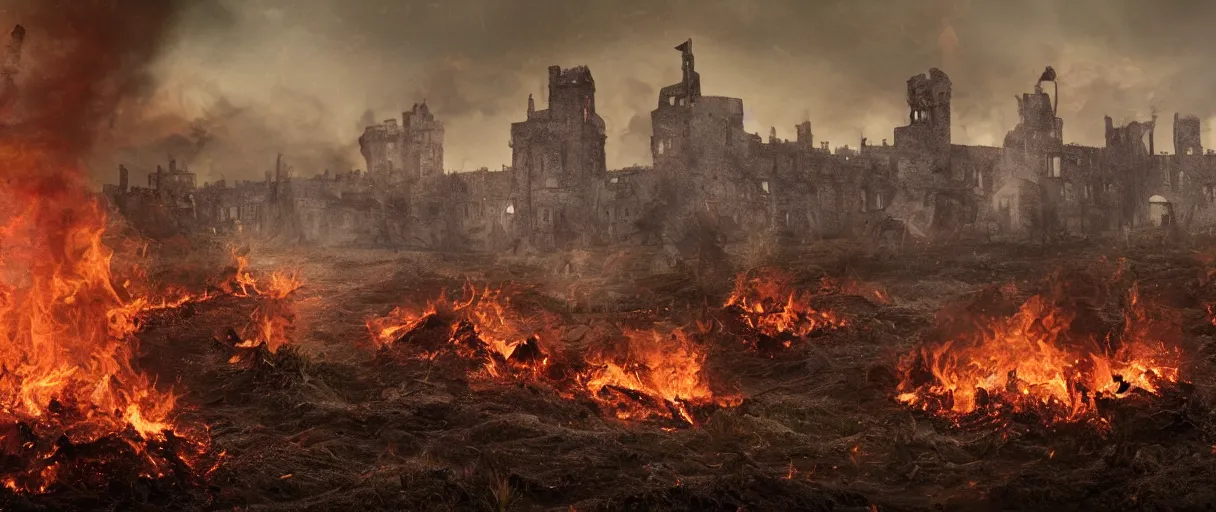 Prompt: burning village in the background, highly detailed fire tendrils, dead bodies scattered in mud, body parts, castle in background, foot path leads to background, flying mud, debris, smoke, field, wet, dawn, partly cloudy, cold breath, hyper realistic, octane render, hyper detailed, cinematic, medium shot