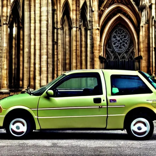 Prompt: a geo metro, parked in a cathedral