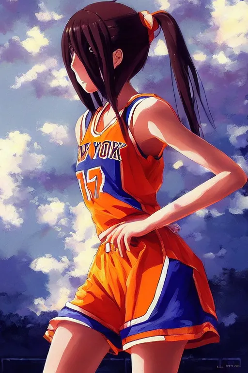 Prompt: A ultradetailed beautiful panting of a stylish anime girl, she is wearing a New York Knicks basketball jersey, Oil painting, by Ilya Kuvshinov, Greg Rutkowski and Makoto Shinkai
