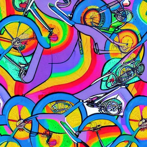 Prompt: hoffman bicycle trip, blotter art, in the style of lisa frank