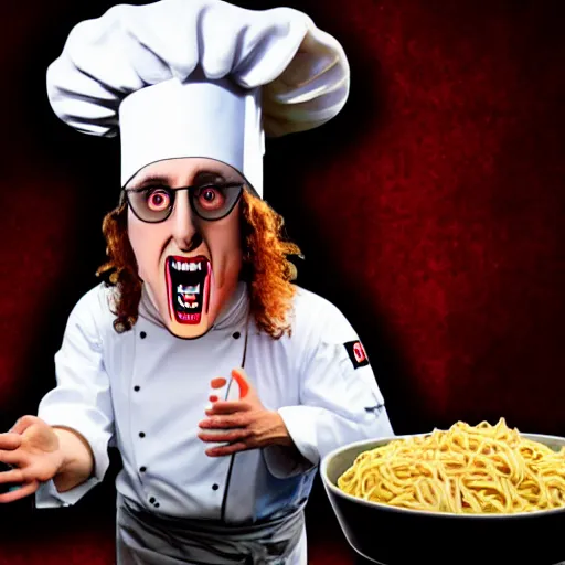 Prompt: a crazed weird al wearing a chef's hat and uniform with half of his lower body inside a bowl of alfredo, realistic, hyperrealistic, ultra realistic, real, real world, highly detailed, very detailed, extremely detailed, intricate details, 8 k resolution, hd quality