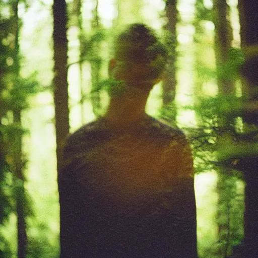 Image similar to close up kodak portra 4 0 0 photograph of a skinny guy standing in dark forest, face of flowers, moody lighting, telephoto, 9 0 s vibe, blurry background, vaporwave colors, faded!,