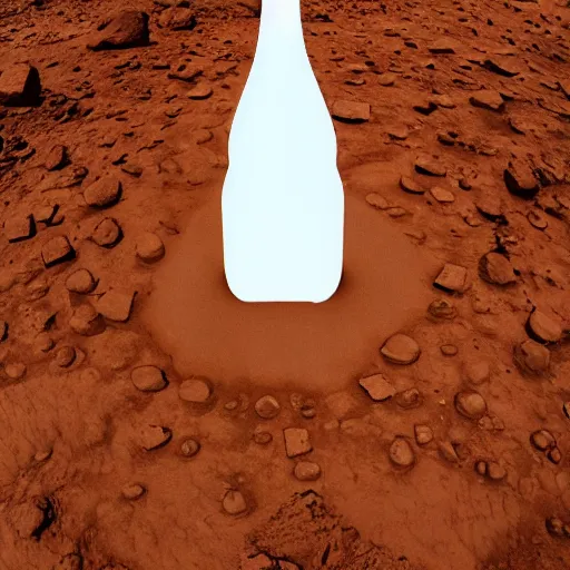 Prompt: symmetrical photo of bottle standing on mars