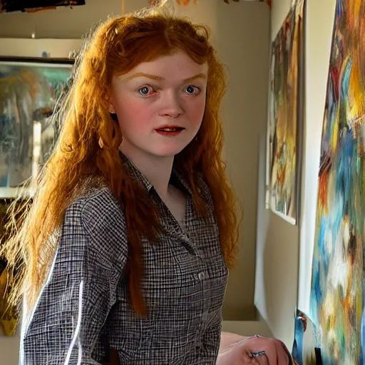 Image similar to extraordinary portrait : 4 0 - year - old sadie sink in a checked shirt, modern hairstyle. in her art studio. 1 9 9 0 s. precise detail. art by anders zorn, wonderful masterpiece by greg rutkowski, beautiful cinematic light, american romanticism by greg manchess, jessica rossier