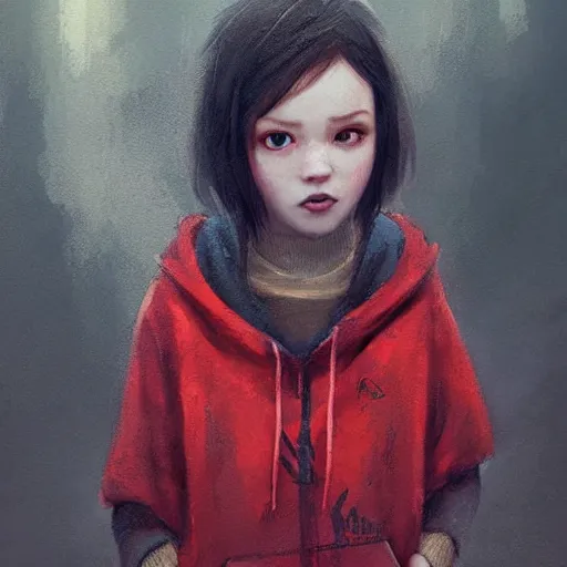 Image similar to a tiny girl with short red hair wearing a hoodie, digital art, cute face, very beautiful face, pretty face, very detailed eyes, full body illustration, 8 k resolution, soft painting, by greg rutkowski, wlop, rossdraws,