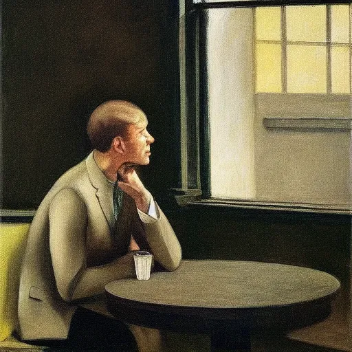 Prompt: portrait of a bored man drinking coffee in an empty restaurant, dimly lit, rule of thirds composition, by edward hopper, andrew wyeth, detailed