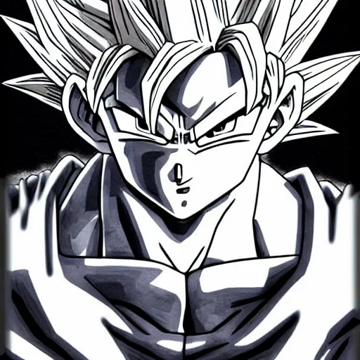 Image similar to Goku Portrait, ultra wide angle, B/W Manga, metal gear ilustration style, watercolor effect, beautiful scene, Poster style, Very Epic, highly detailed, Trend on artstation, Digital 2D