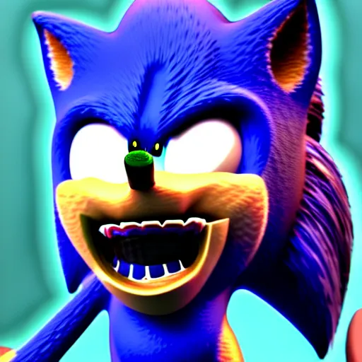 Prompt: a terrifying CInema4D raytrace render of sonic the hedgehog, teeth fangs horror creepypasta