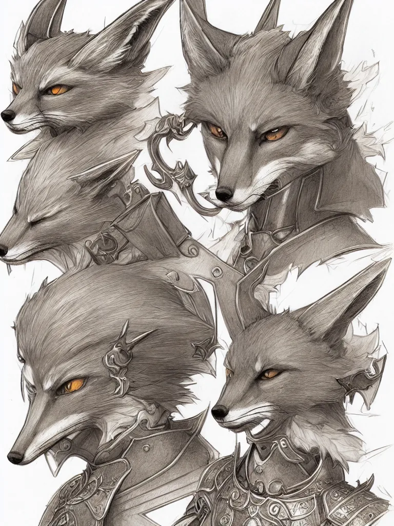 Image similar to heroic character design of anthropomorphic fox, whimsical fox, portrait, holy crusader medieval, final fantasy tactics character design, character art, whimsical, lighthearted, colorized pencil sketch, highly detailed, Akihiko Yoshida