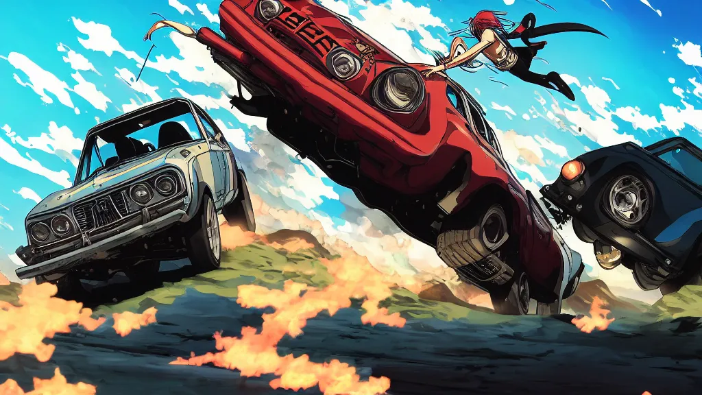 Image similar to anime illustration of mad max's fj 4 0 pursuit special, the last v 8 interceptor driving down to the gates of valhalla highway, riding fury road eternal shiny and chrome, world of fire and blood, by makoto shinkai, ilya kuvshinov, lois van baarle, rossdraws, basquiat, global illumination ray tracing hdr