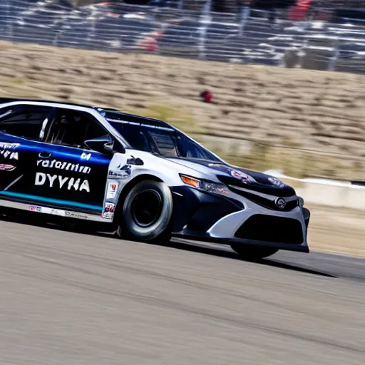 Prompt: a 2 0 1 7 toyota camry nascar driving on a race track