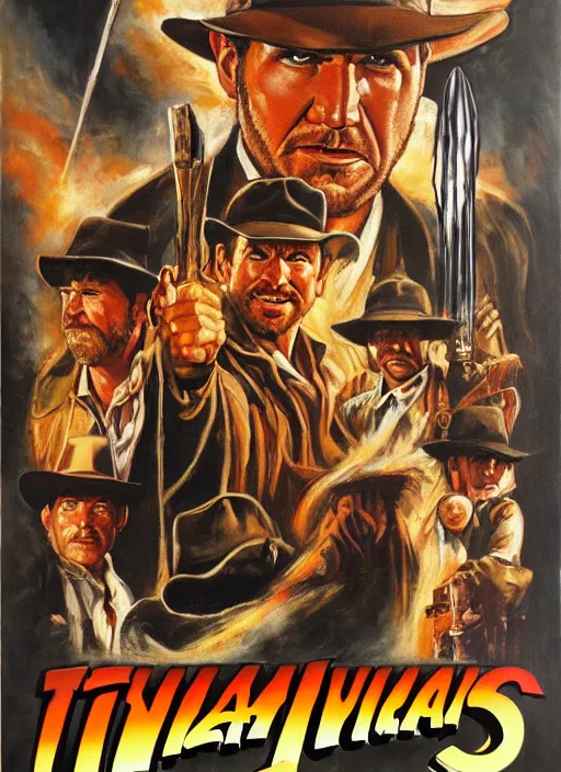 Image similar to 1 9 8 6 poster for indiana jones and the last crusade. oil on canvas. print.