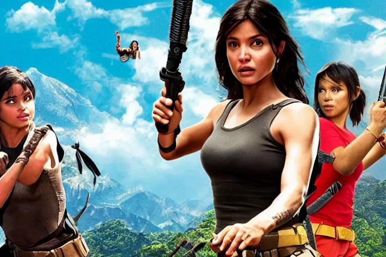 Image similar to Isabela Merced as Dora the Explorer vs Angelina Jolie as Lara Croft, movie poster, film by Michael Bay