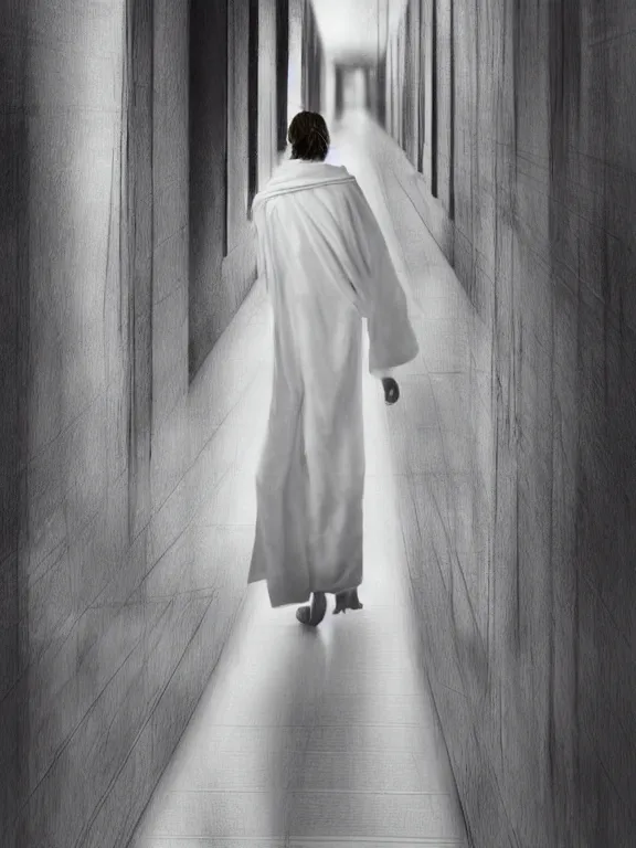 Prompt: a slim indian girl walking in liminal space neverending hallways, in full white robe, solemn, trending on DeviantArt, face enhance, hyper detailed,