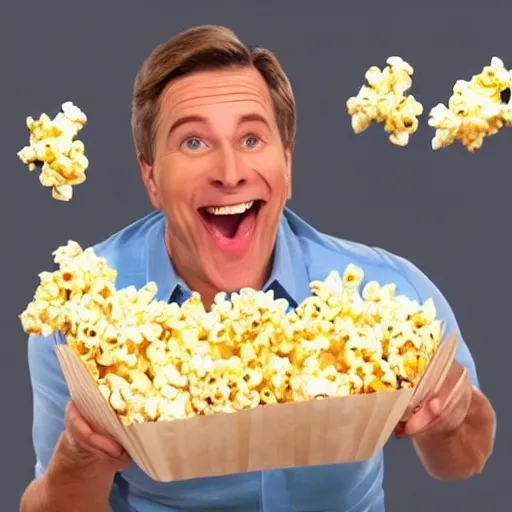 Image similar to an infomercial character unable to carry all the popcorn, popcorn overflowing their arms in a comical fashion getting everywhere uncontrollably