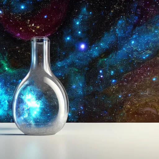 Image similar to Galaxy in a Bottle sitting on a white table in a brightened room, rendered by, Xie Boli, Max Hay, Cameron Mark, and Hue Teo, artstation 3d, artstation render, artstation 3d render, 3d art, unreal engine 3d, octane 3d, blender 3d, 3d landscape, photorealistic imagery, photorealistic details, intricate, highly detailed, trending on artstation, 4k, 8k