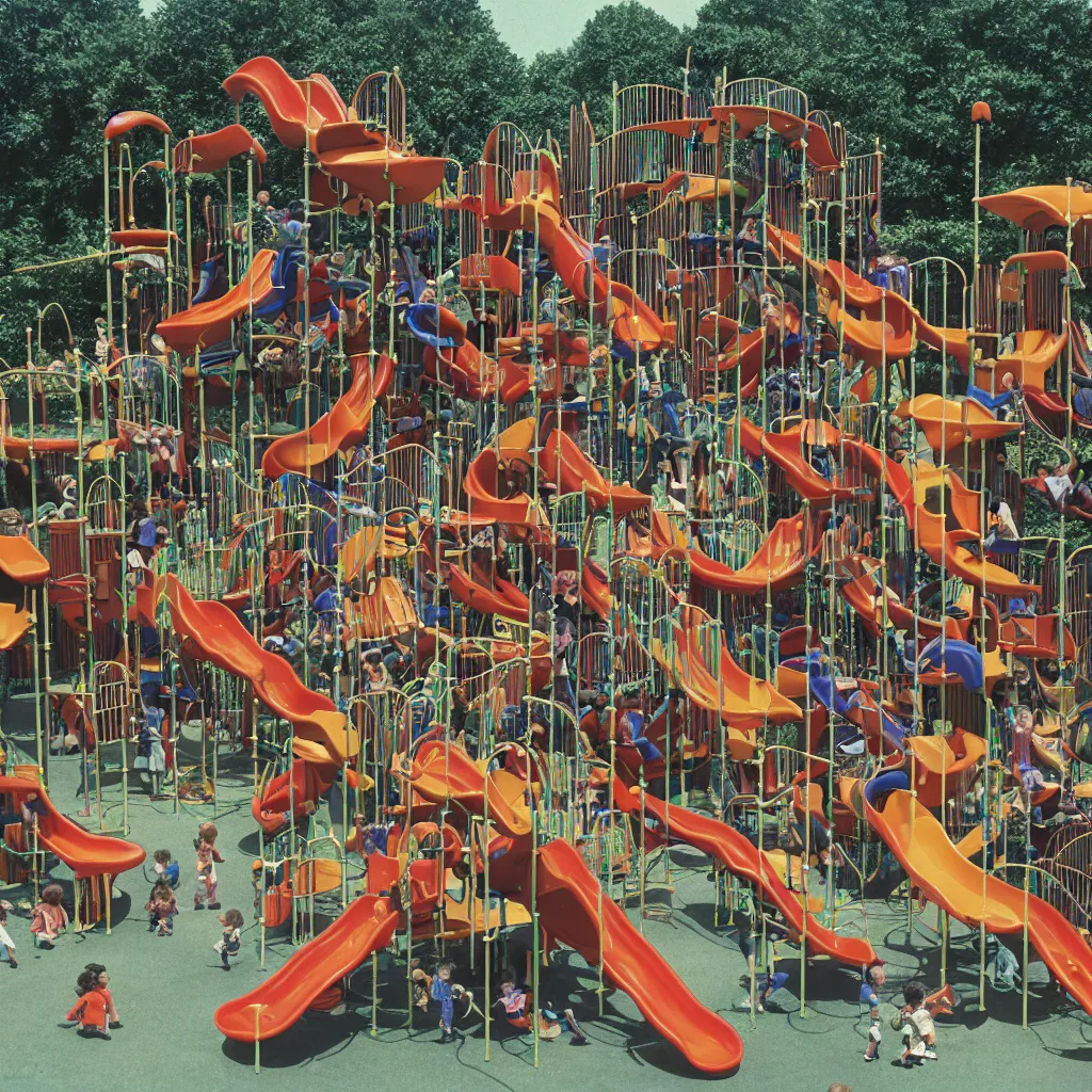 Prompt: full - color closeup 1 9 7 0 s photo of a large complex very - dense very - tall many - level playground in a crowded schoolyard. the playground is made of dark - brown wooden planks, and black rubber tires. it has many spiral staircases, high bridges, ramps, and tall towers.