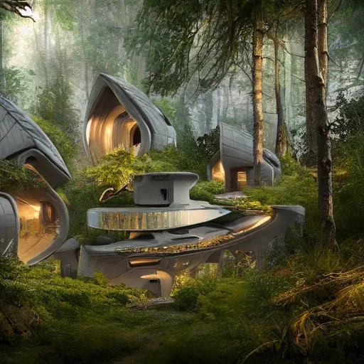 Image similar to futuristic cottage settlement in forest , ecological fururism, matte painting, high details, 8k