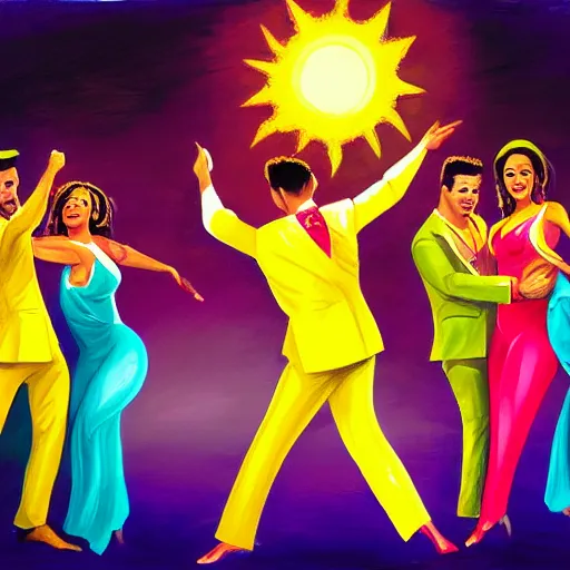 Image similar to semi realistic portrait of The sun is exploding while Latino Cubans Dancers Salsa Dancing by Stanley Artgerm Lau, sun exploding on the background, Gesture draw, Salsa Social Dance, couple, lady using yellow dress, guy using the purple fancy suit, Salsa tricks, explosive background, WLOP, Rossdraws, Gesture draw, James Jean, Andrei Riabovitchev, Marc Simonetti, and Sakimichan, trending on artstation