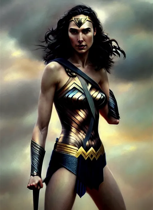 Image similar to a full body portrait of gal gadot, intricate, sharp focus, illustration, highly detailed, digital painting, concept art, matte, art by ruan jia and wlop and greg rutkowski, masterpiece