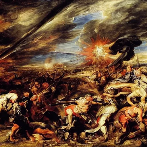 Image similar to A painting of a battlefield, with soldiers fighting and dying, by Peter Paul Rubens