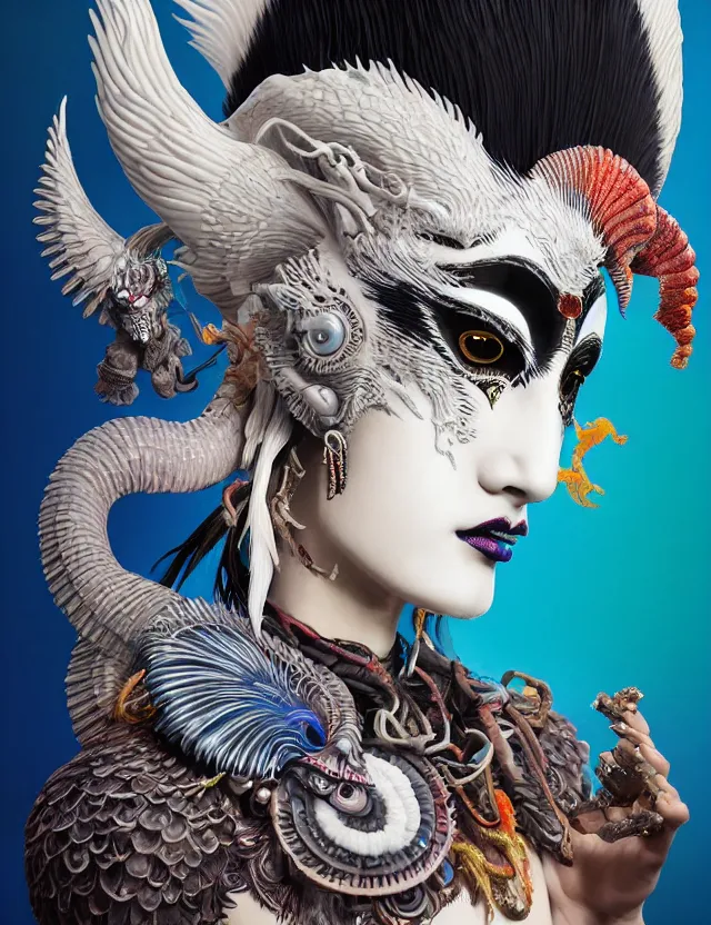 Image similar to 3 d coherent goddess close - up profile portrait punk with mohawk with ram skull. beautiful intricately detailed japanese crow kitsune mask and clasical japanese kimono. betta fish, jellyfish phoenix, bio luminescent, plasma, ice, water, wind, creature, artwork by tooth wu and wlop and beeple and greg rutkowski