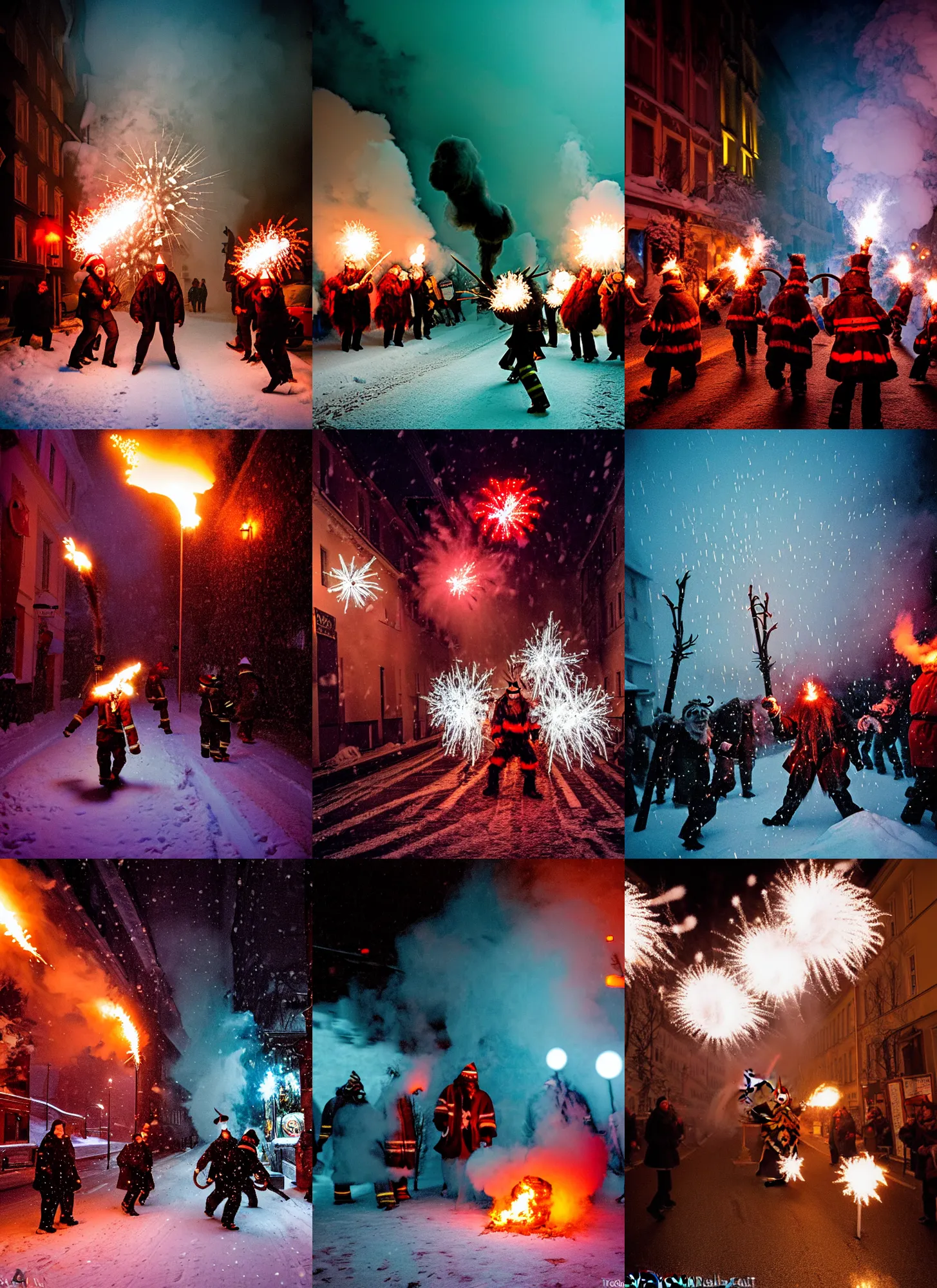 Image similar to kodak portra 4 0 0, winter, snowflakes, hellfire chaos, award winning dynamic photo of a bunch of hazardous krampus between exploding fire barrels by robert capas, motion blur, in a narrow lane in salzburg at night with colourful pyro fireworks and torches, teal lights