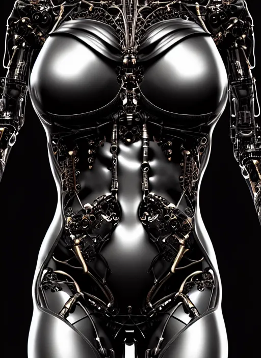 Image similar to organic cyborg full frontal torso close-up, vivid blackest black satin plastic, diffuse lighting, fantasy, intricate, elegant, highly detailed, lifelike, photorealistic, digital painting, artstation, illustration, concept art, smooth, sharp focus, art by John Collier and Albert Aublet and Krenz Cushart and Artem Demura and Alphonse Mucha