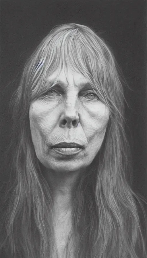 Image similar to cinematic portrait of 1 9 7 0 s joni mitchell, intricate, elegant, by alyssa monks, highly detailed, symmetrical face, fine details, masterpiece, trending on artstation