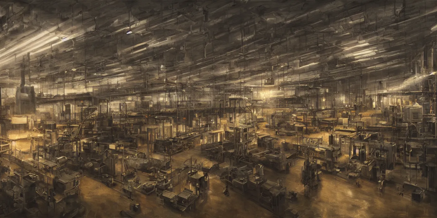 Prompt: modern factory, cinematic lighting, detailed oil painting, hyperrealistic, 8k