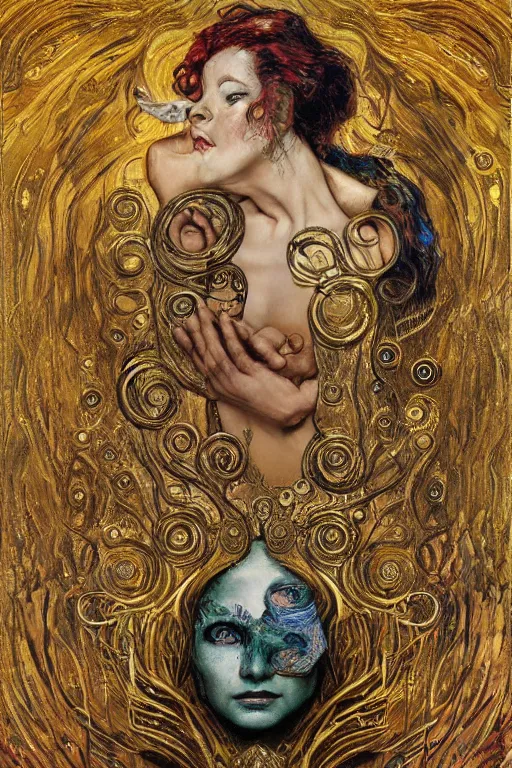 Image similar to Intermittent Chance of Chaos Muse by Karol Bak, Jean Deville, Gustav Klimt, and Vincent Van Gogh, trickster, enigma, Loki's Pet Project, destiny, Poe's Angel, whimsical, Surreality, creativity, inspiration, muse, otherworldly, fractal structures, arcane, ornate gilded medieval icon, third eye, spirals