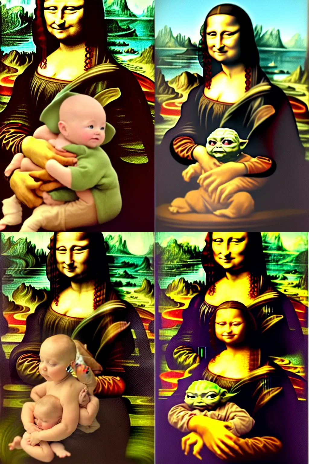 Image similar to the Mona Lisa holding Baby Yoda, painting in the style of the Mona Lisa