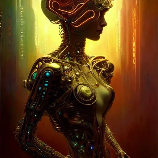 Image similar to extremely psychedelic beautiful cyborg virus infected by night. intricate, elegant, highly detailed, extremely lifelike photorealistic digital painting, artstation. steichen, gaston bussiere, tom bagshaw, cyberpunk alphonse mucha. totally elegant. anatomically correct. sharp focus. black and gold. surreal lush hallucination