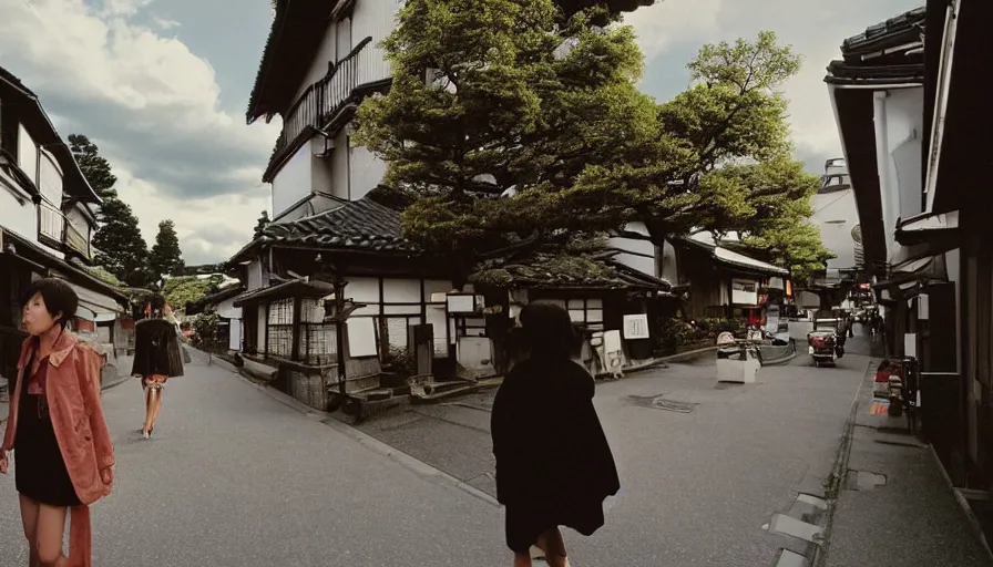 Image similar to 1 9 9 0 s candid 3 5 mm photo of a beautiful day in the a dreamy street in takayama japan mixed with details from tokyo and paris, cinematic lighting, cinematic look, golden hour, the clouds are epic and colorful with cinematic rays of light, a girl walks down the center of the street in a gucci dress, photographed by petra collins, uhd