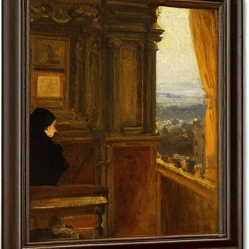 Image similar to a young man watching an actress on stage in an old theater, by alfred stevens