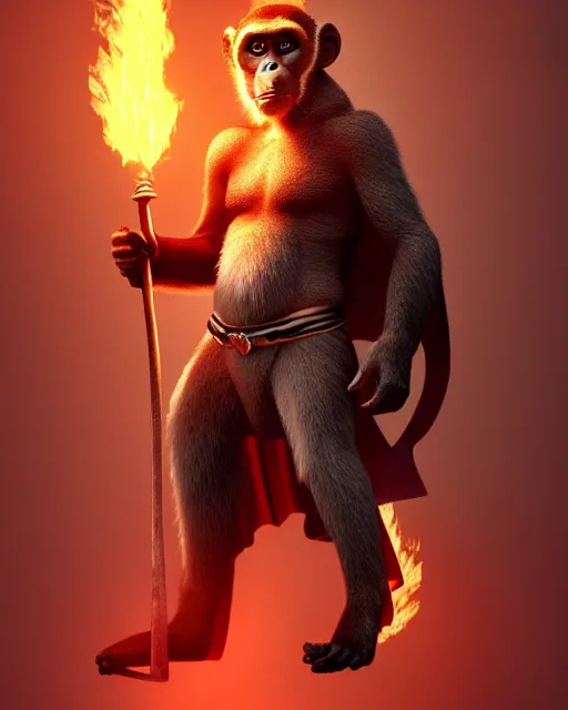 Image similar to fury art, an anthro monkey wearing a large cape and a fantasy armor, fire, fiery background, 3 d, 8 k, extremely detailed, trending on furaffinity, trending on artstation, award winning, sharp focus, illustration