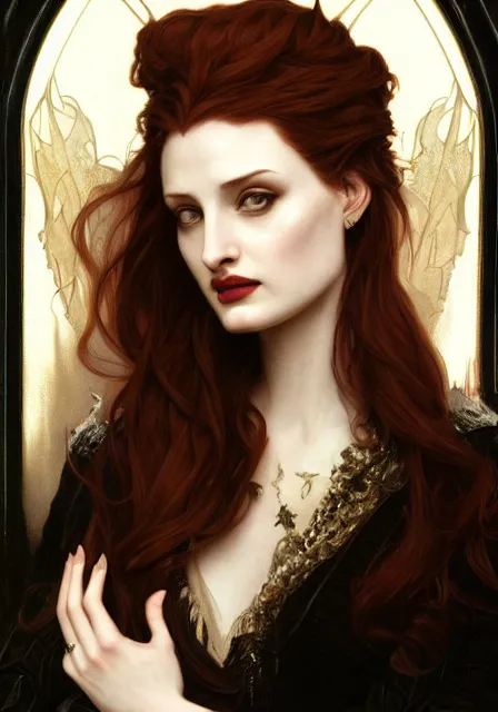 Image similar to sansa angeline jolie gessica chastain victorian vampire, intricate, elegant, highly detailed, digital painting, artstation, concept art, smooth, sharp focus, illustration, art by artgerm and greg rutkowski and alphonse mucha and william - adolphe bouguereau