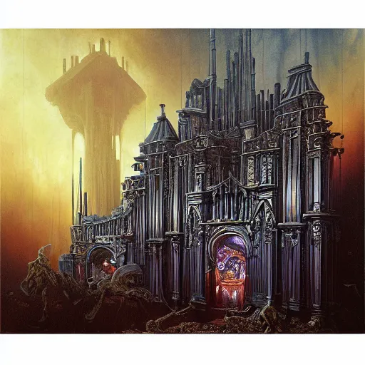 Prompt: tech noir pipe organ lp album art, intricate detail, mechanical, baroque oil painting by alan lee and jim burns, wild west architecture
