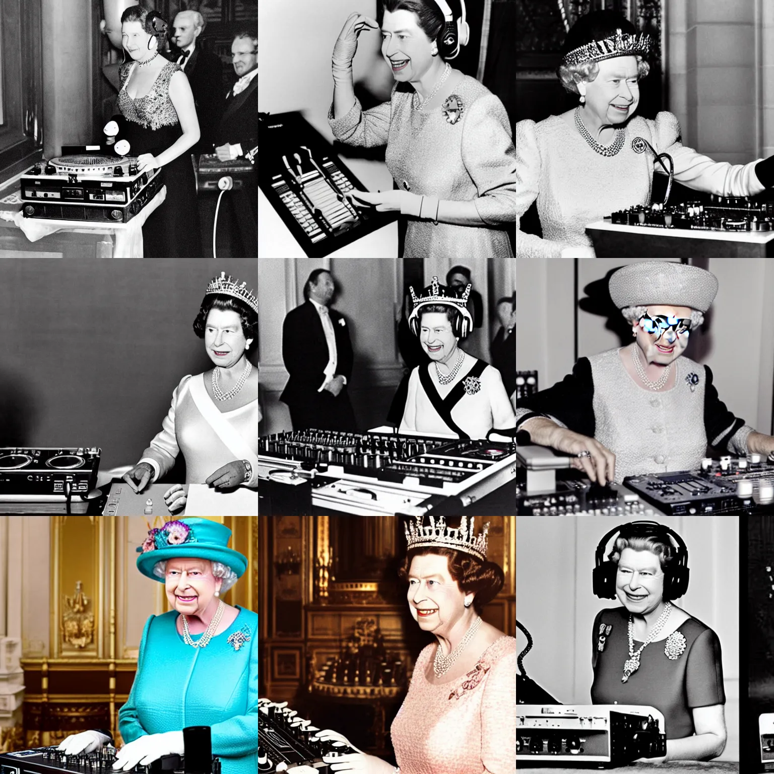 Prompt: queen Elizabeth wearing headphones, DJing with DJ turntables, photoreal