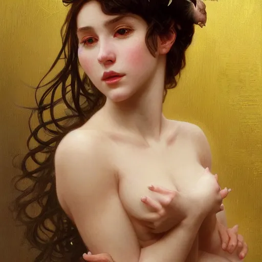 Image similar to portrait of a skunk girl, furry body, full body, intricate, elegant, highly detailed, digital painting, artstation, concept art, smooth, sharp focus, illustration, art by artgerm and greg rutkowski and alphonse mucha and william - adolphe bouguereau