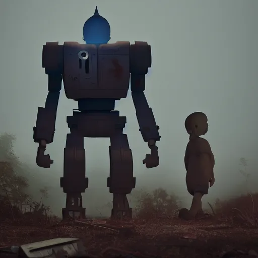 Image similar to The Iron Giant wandering a junkyard, mysterious, Octane Render, Raytracing, 135mm camera lens, moody lighting, dark