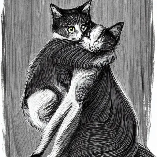 Image similar to sketch black and white hyper detailed cosy home girl and cat