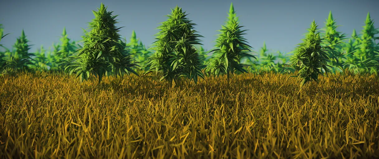 Prompt: 3 d render low poly art, cannabis trees and flowers, field of stoner dreams, unreal engine, dreamy, bokeh