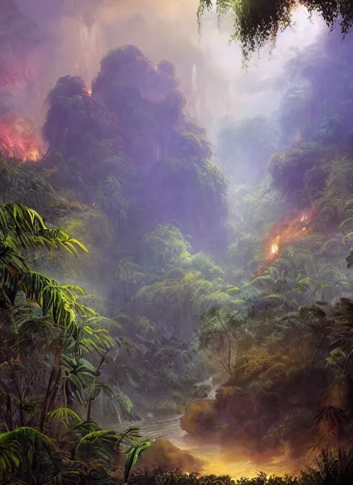 Prompt: a beautiful painting of the jungle in the morning with lots of smoke, fantasy art, matte painting