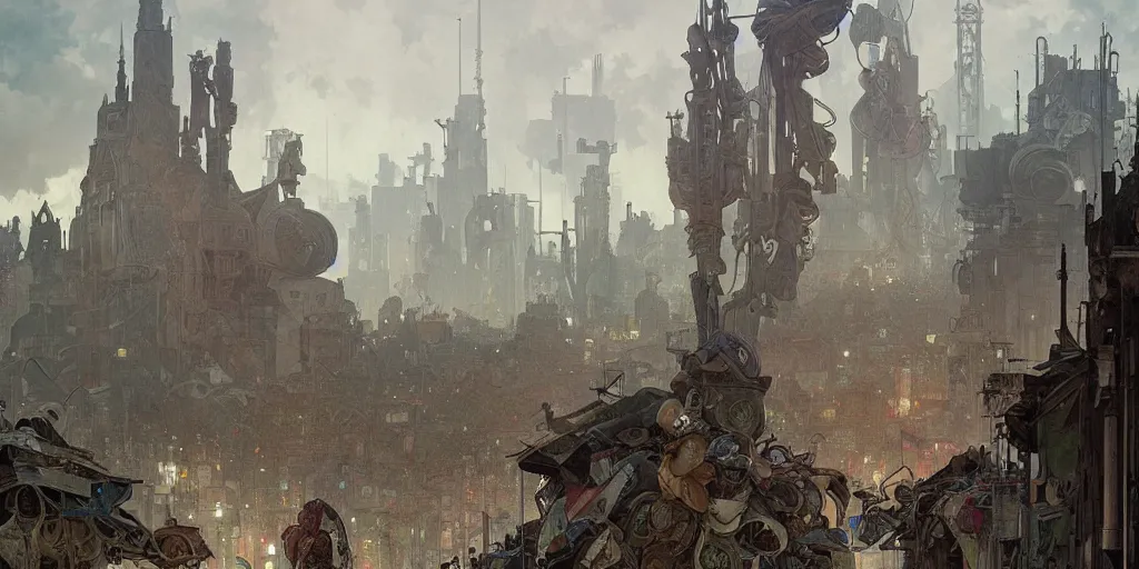 Image similar to garbage dump, city is pure wasteland, raining, detailed characters, alphonse mucha, greg rutkowski, trending on artstation, artgerm, breathtaking, sharp focus, smooth, mark arian, award winning, highly detailed 4 k art