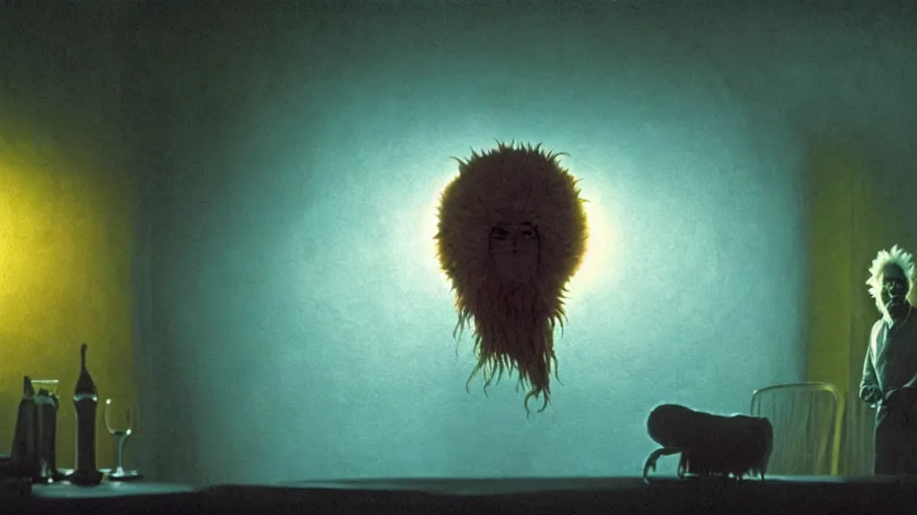 Prompt: the bright sun creature in the restaurant, film still from the movie directed by denis villeneuve and david cronenberg with art direction by zdzisław beksinski and dr. seuss