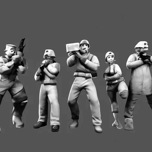 Prompt: 3d render minimalistic octane team fortress characters