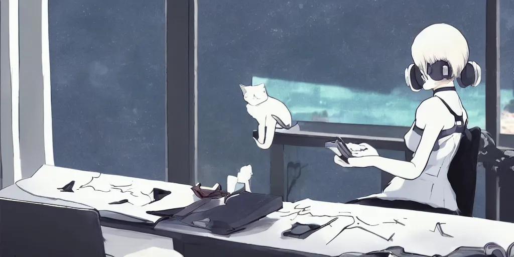 Image similar to 2b from nier automata sitting at a desk studying with cat ear headphones on, background is a tinted window looking out into a gigantic white Ghibli studio art, by Hayao Miyazaki, high quality anime, digital art, detailed facial features, imaginary slice of life