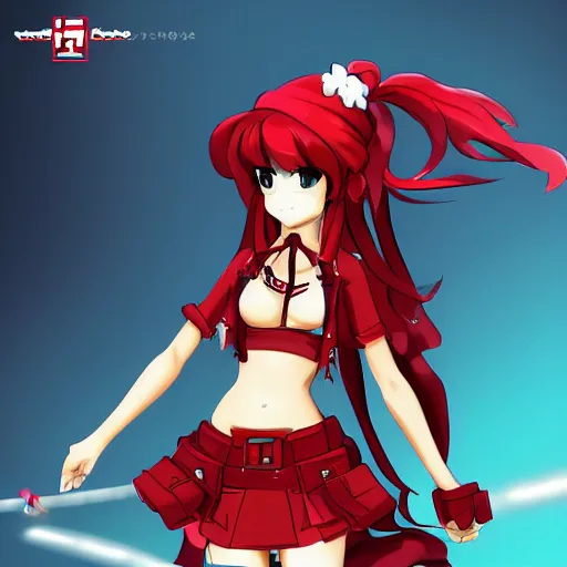 Image similar to Houshou Marine. Hololive character. Anime girl, 宝鐘マリン. Red pirate outfit and black pirate tricorn. brickred outfit colorscheme. Her name is Houshou Marine. Anime cute face. Yun Jin.